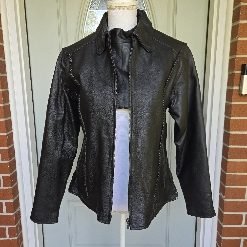 Leather Gallery Black Leather Braided Jacket with Neck Chest Warmer